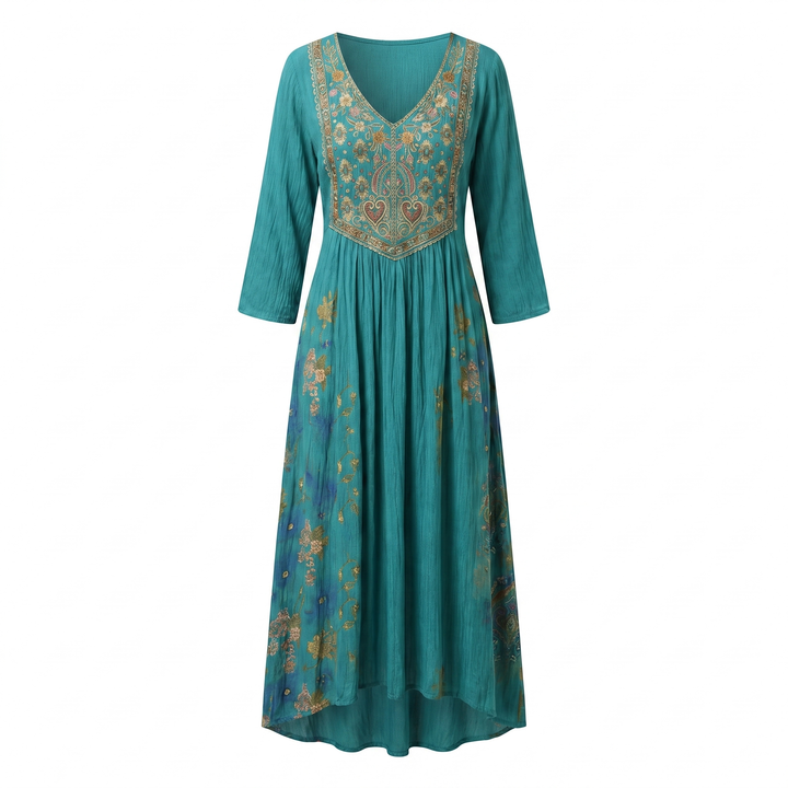 Women's Boho Midi Dress | V-Neck Long Sleeve