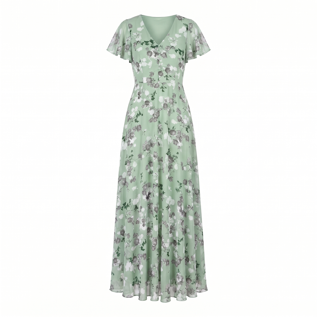 Women's Cocktail Maxi Dress | V-Neck Flutter Sleeve