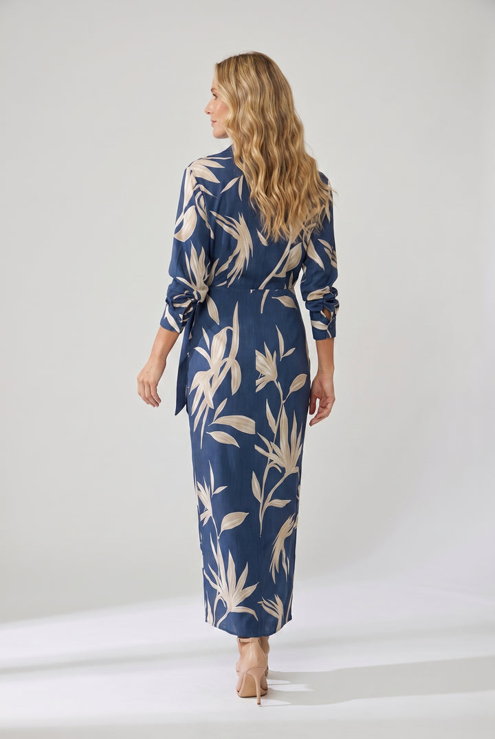 Women's Dress | Leaf Print Maxi Wrap V-Neck